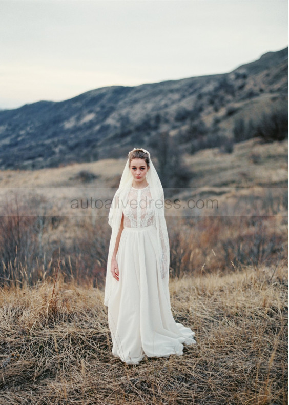 Ivory Lace Chiffon Illusion Back Wedding Dress